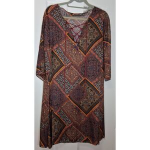Lola womens large paisley shift dress Italian batik rust earthtone